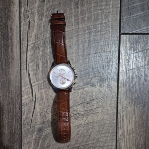 Hugo Boss Brown Genuine Leather Strap Watch with Silver Face & Goldtone Accents